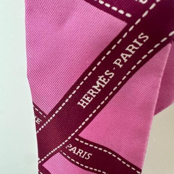 HERMES Silk Twilly Scarf. Buloc Logo Ribbon" Pink 33" L X 2" W - Picture 3 of 6